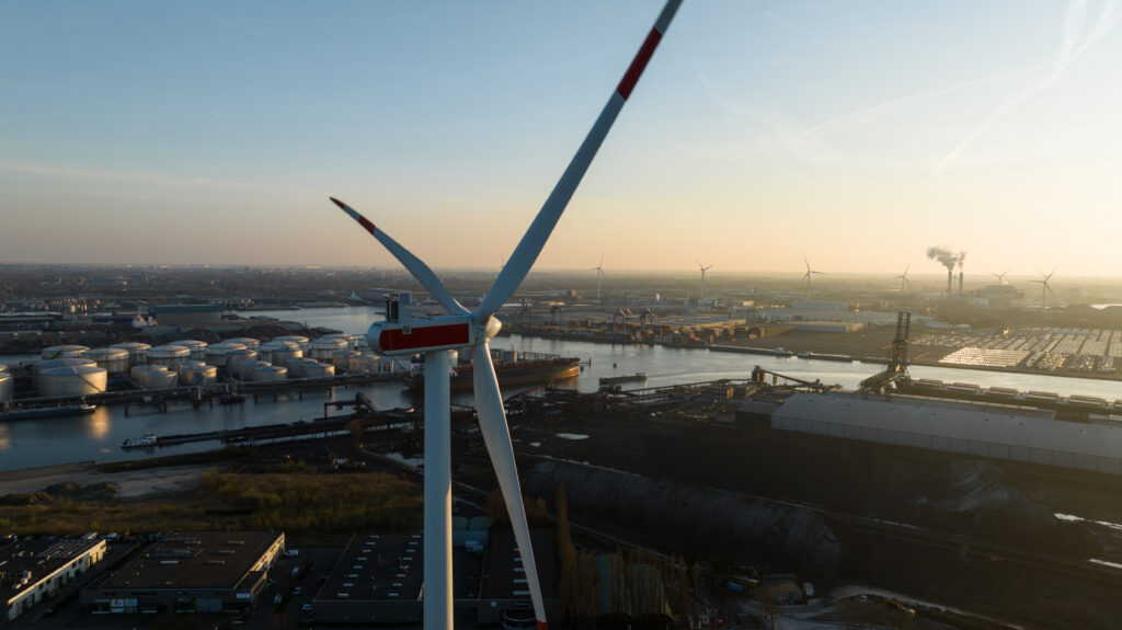 A close-up view of wind turbines in the port of Amsterdam.