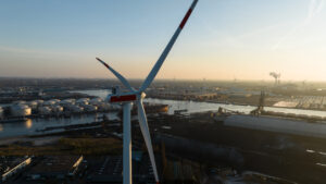A close-up view of wind turbines in the port of Amsterdam.