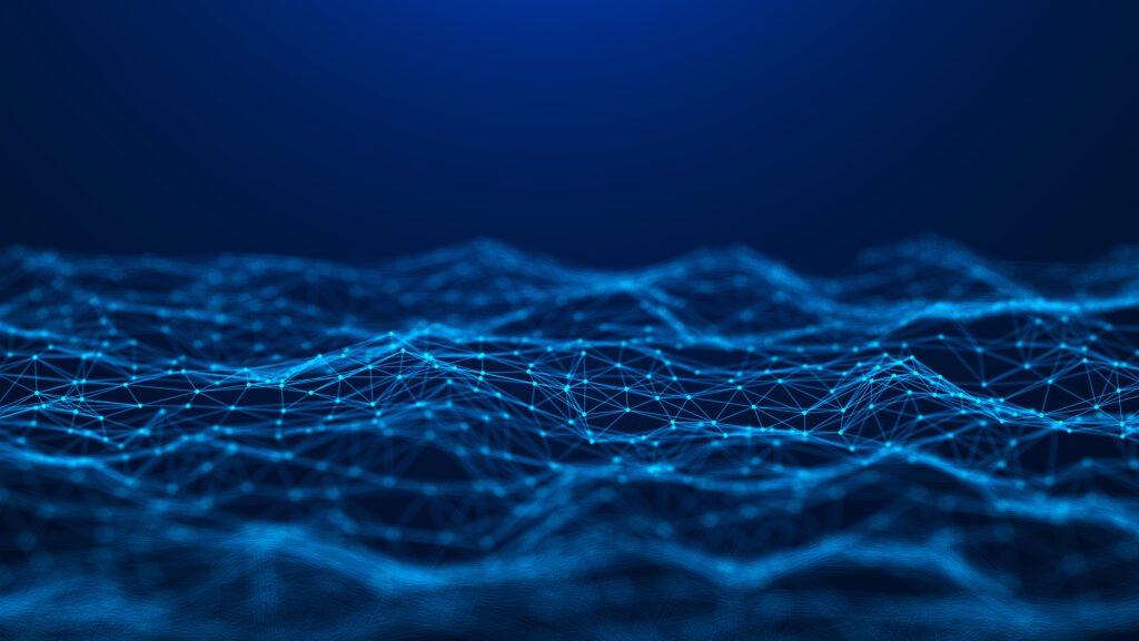 Abstract lines and dots form a network to represent AI.