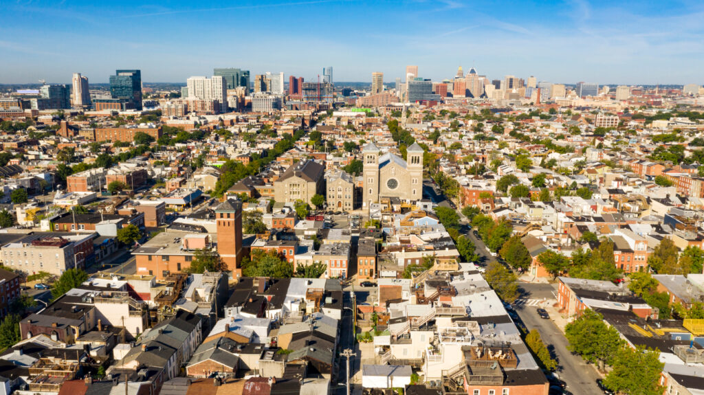 An aerial perspective of Baltimore, Maryland.