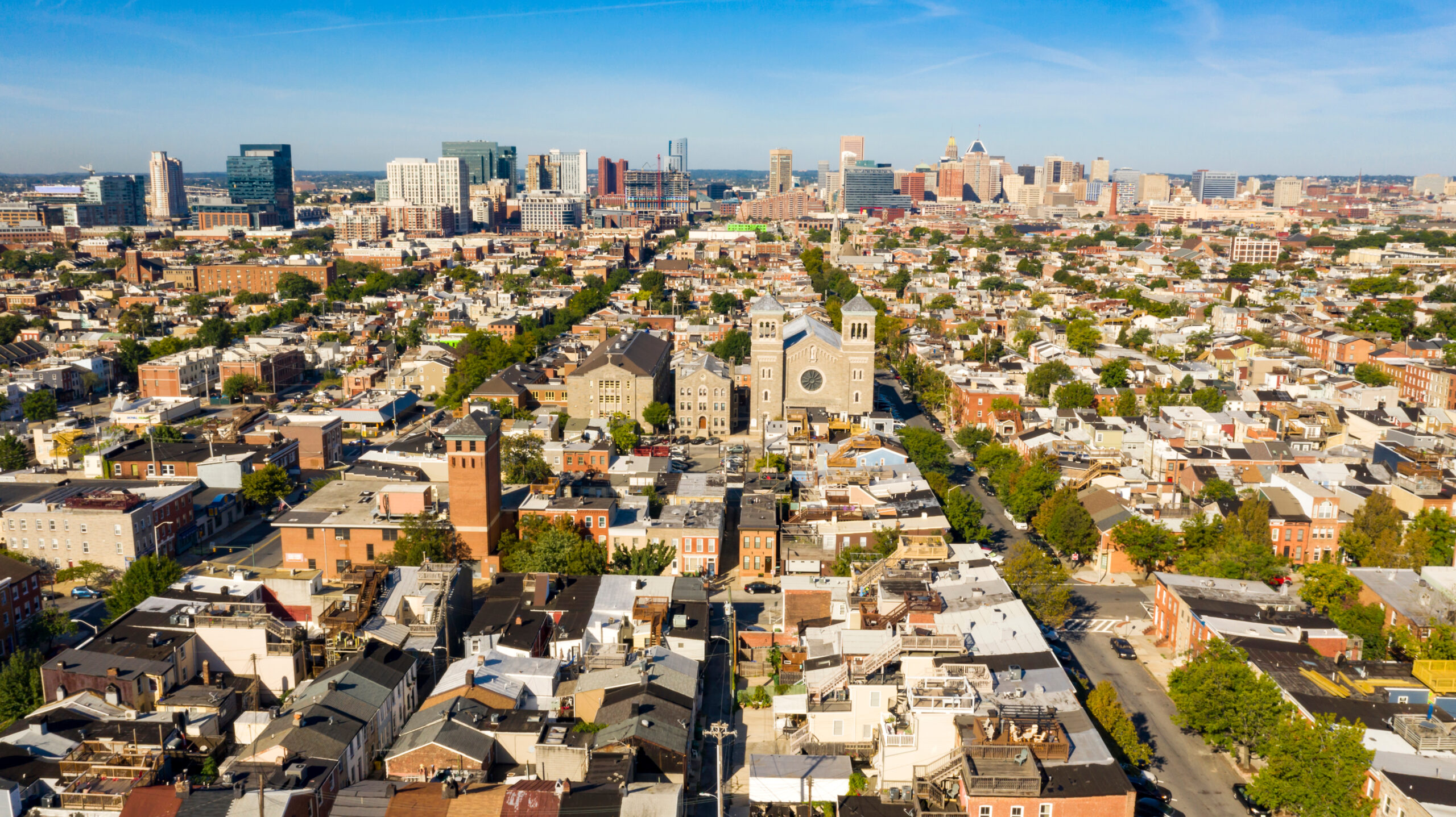 An aerial perspective of Baltimore, Maryland.