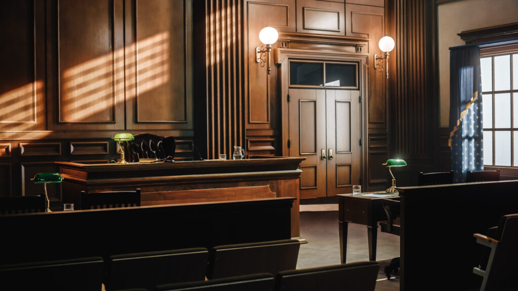 An empty American-style courtroom.