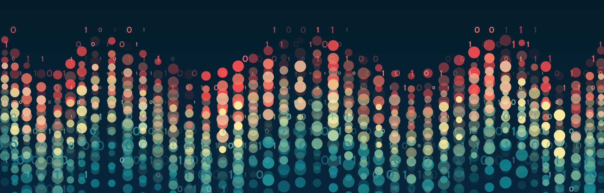An abstract wave consisting of dots of varying colors and binary code.